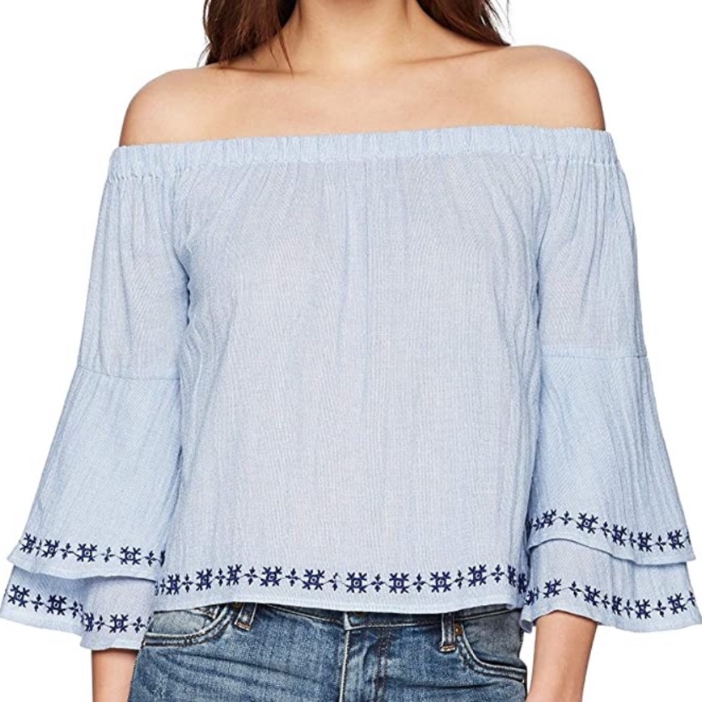 Lucky Brand Off the Shoulder Blue Stripe Embroidered Top 3/4 Bell Sleeves XS